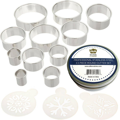 Ultra Cuisine 11 Piece Small Circle Cookie Cutter Set - Graduated Round Cookie Mold Cutter For Donuts & Scones - Heavy-Duty Stainless Steel w/3 Pa...