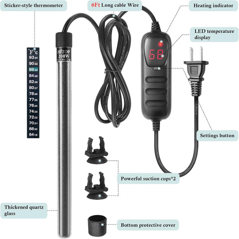 HITOP Mini Submersible Aquarium Heater - 200W Digital Heater for Fish Tank Turtle Tank 25-50 Gallon?Saltwater and Fresh Water with Temperature Con...