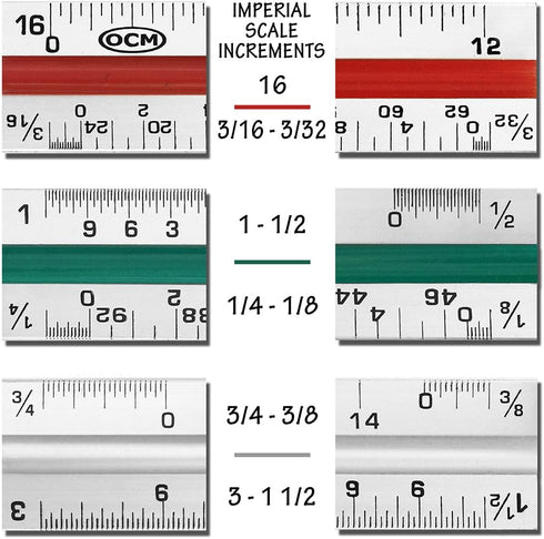 OCM 1 Triangular Architect Scale Ruler (Professional Grade Solid Aluminum) Color Coded 12 Inch Architectural Scale (Imperial Measurements) - Ideal...