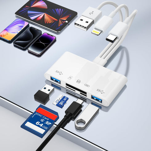 SD Card Reader for iPhone iPad Camera - 5 in 3 Digital Camera Adapter with SD/TF/Micro SD Card+2*USB Adapter+USB C Audio Adapter, Memory card read...