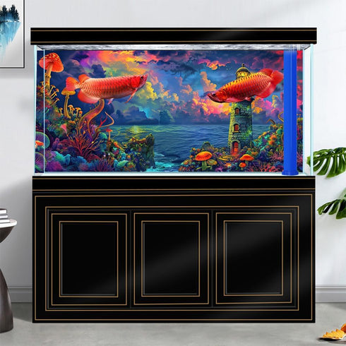 Aquarium Background with Cloud Sky Design, Fantasy Landscape Tapestry Trippy Neon Galaxy Space Fish Tank, Nature Lighthouse Lake Tapestry Wall Han...