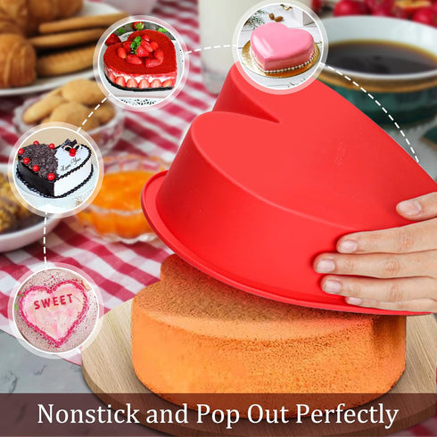 Heart Shaped Cake Pans 10 Inch 2pcs,Nonstick Silicone Heart Cake Mold,Reusable Baking Tins Brownie Pans,Heart Cake Pan Set for Valentine's Day(Red...