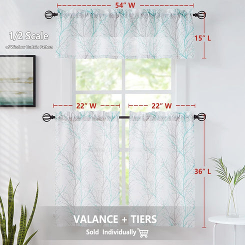 FMFUNCTEX Tree Print Semi Sheer Valance Curtain for Windows 15 Inch Length Branch Patterned Kitchen Valance for Bathroom Rod Pocket Window Treatme...