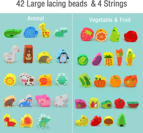 Montessori Educational Wooden Lacing Beads Toys for Toddler 3 4 5 Year Old, Farm Animals Fruits Vegetables Threading Toys Preschool Stringing Fine...