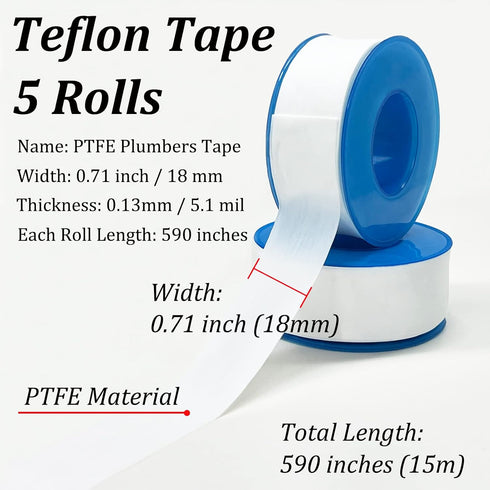 5 Rolls Premium Plumbers Tape, Teflon Tape, Plumbing Tape, Thread Seal Tape for leaks, PTFE Tape, Shower Head, Waterproof Pipe Sealant Tape, Water...