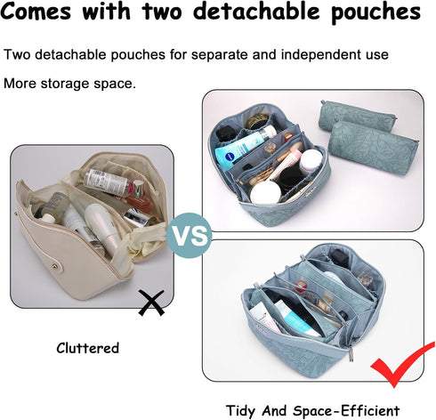 Travel Makeup Bags Cosmetic Organizer Bag: 3-Set Large Capacity Make up Bag - PU Leather Toiletry Bag for Women - Wide Open Portable Pouch with Di...