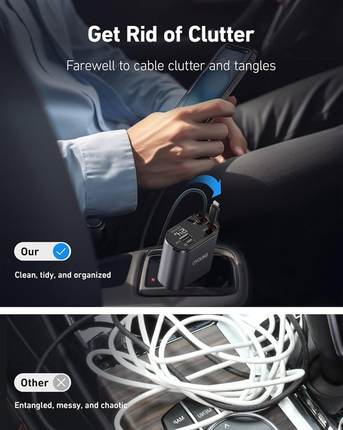 iPhone Car Charger 4 in 1 Fast USB Car Phone Charger 20W Double Lightning Retractable Cables 31.5 Inch and 2 USB Ports Car Charger Adapter for iPh...