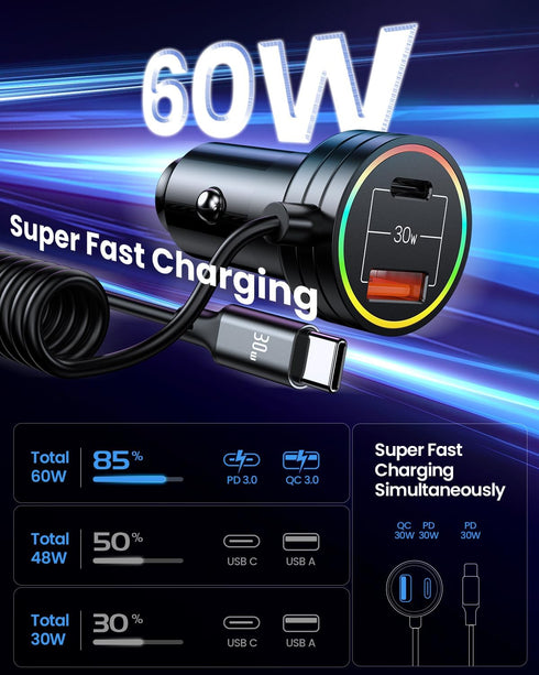 USB C Car Charger, 60W Super Fast Car Charger PD&QC 3.0 with 30W Type C Coiled Cable, Car Phone Charger for iPhone 15-8 Series/Samsung Galaxy S23-...
