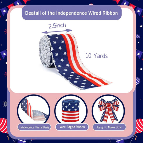 4th of July Ribbon Wired Red White and Blue Ribbon American Flag Ribbon 2.5 Inch Patriotic Ribbon for Independence Day Craft Sewing Gift Wrapping...
