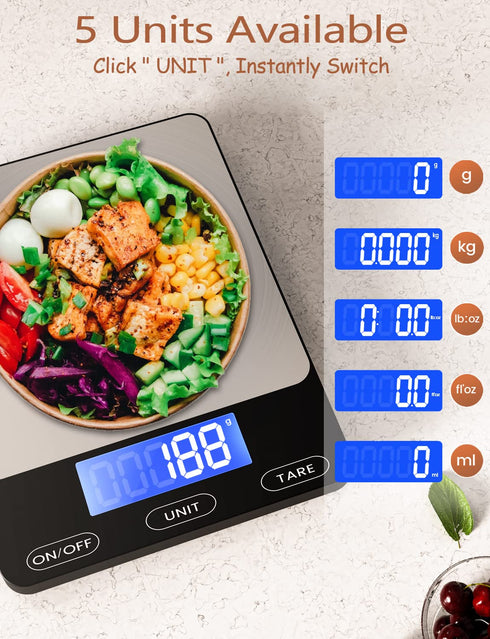 Food Scale -33lb Digital Kitchen Scale for Food Ounces Grams Rechargeable 304 Stainless Steel,Batteries and Type-C Charging | Perfect for Meal Pre...