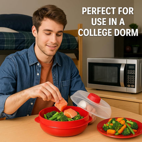 Microwave Steamer for Vegetables, Fish, Poultry & Rice – BPA-Free Healthy Oil-Free Cooking Container – Red – Dishwasher & Freezer Safe...