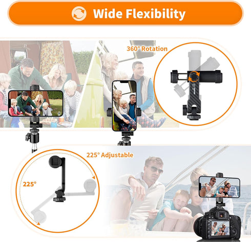 TARION Tripod Phone Mount Holder with 3 Cold Shoe Mount Cell Phone Mount Adapter for Tripod 360° Rotation Universal 1/4" Screw Smartphone Tripod A...