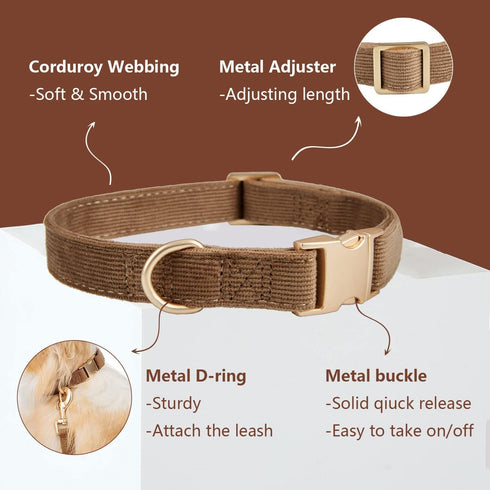 Soft Dog Collar with Metal Buckle Adjustable Durable Comfort Cotton Corduroy Collars for Large Medium Small Dogs Velvet Dog Collars, Coffee...