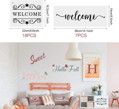 25PCS Reusable Template for Painting Wood, Large Welcome and Sweet Home Stencils Seasonal Stencils Farmhouse Stencils for Signs, Walls & Home Deco...