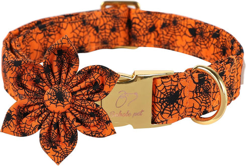 Halloween Dog Collars for Small Dog with Flower Tie,Fall Black Spider Dog Collar with Safety Metal Buckle Adjustable Puppy Collars for Medium Larg...