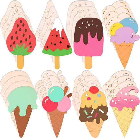 40 Pieces Unfinished Summer Ice Cream Wooden Cutouts, 8 Styles Ice Cream Wood Slices Unfinished Wood Cutouts Blank Wooden Paint Crafts for Kids Bi...