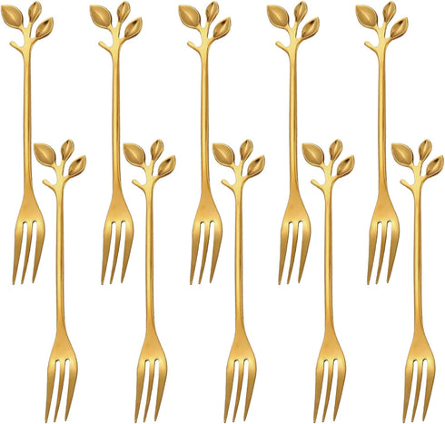 Amerzam 10PCS Gold Dessert Forks Set, Stainless Steel Gold Leaf Coffee Spoon, 4.72inch Leaf Mini Espresso Demitasse Stir Spoon, for Stirring, Mixi...