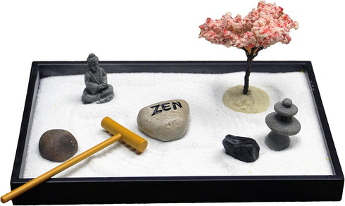 Nature's Mark Mini Zen Garden Kit for Desk with Rake, White Sand, Buddha, Lantern, Black Rectangle Base, River Rocks and Mini Blossom Tree (8Lx5W ...