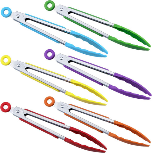 MSY BIGSUNNY Kitchen Food Tongs - 7" Mini Silicone Serving Tongs - Set of 6 (purple red orange green yellow blue)...