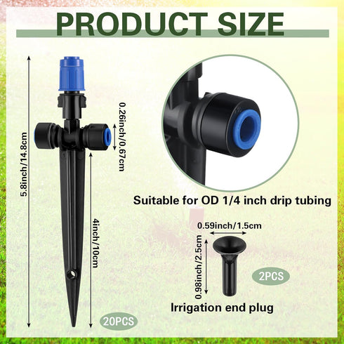 20 Pcs Drip Irrigation Emitters for 1/4 Inch Tubing Adjustable 360 Degree Water Flow Drippers with Stakes for Garden Greenhouse Lawn Watering Syst...