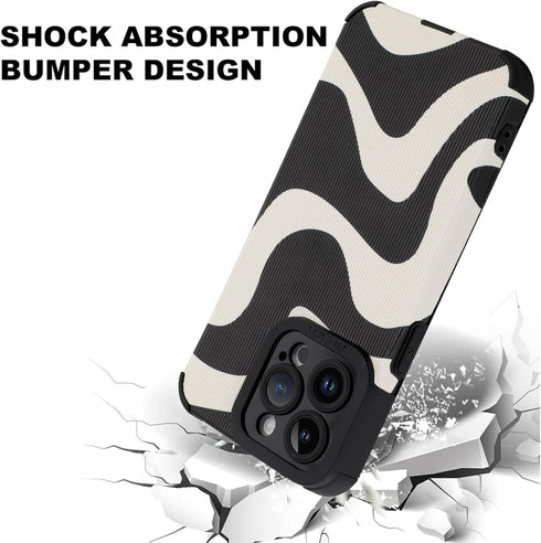 MZELQ Compatible with iPhone 15 Pro Case, Cute Pattern Wave Black and White, Screen Protector Camera Protection Lens Shockproof Phone Case for Gir...