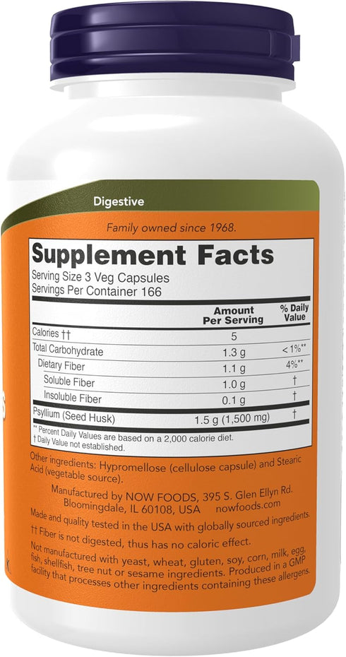NOW Supplements, Psyllium Husk Caps 500 mg, Non-GMO Project Verified, Natural Soluble Fiber, Intestinal Health*, 500 Veg Capsules...
