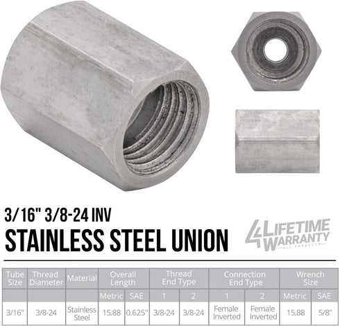 4LIFETIMELINES Stainless Steel Brake Line Union, 3/16 (3/8-24 Inverted), Bag of 10...