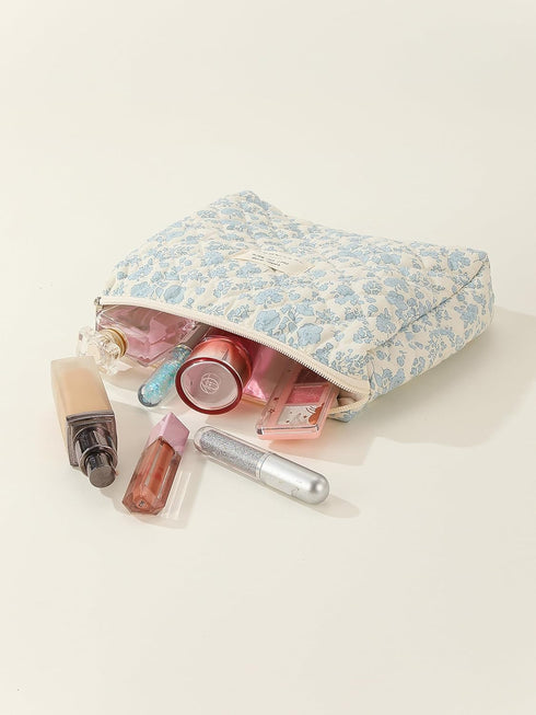 Kawaii Floral Makeup Bag Coquette Aesthetic Cosmetic Bag Large Travel Make up Organizer Cute Pouch Cotton Quilted Toiletry Bag for Women Girls Kaw...