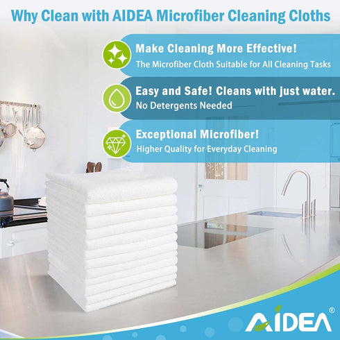 AIDEA Microfiber Cleaning Cloth 12PK, Dish Cloths White, Strong Water Absorption, Lint Free Rags, Scratch Free, Streak Free Microfiber Towels, Kit...