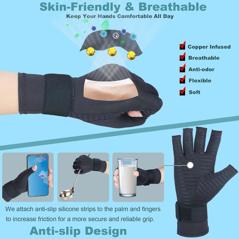 Copper Arthritis Gloves with Adjustable Wrist Strap for Women Men, Fingerless Compression Gloves for Arthritis, Carpal Tunnel, Pain Relief, Swelli...