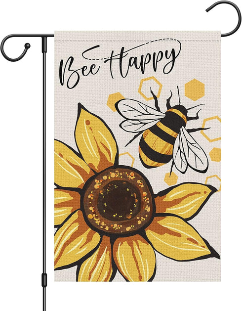 Bee Happy Garden Flag 12x18 Double Sided Vertical, Burlap Small Welcome Spring Summer Positive Garden Yard House Flags with Sunflower Decor Outsid...