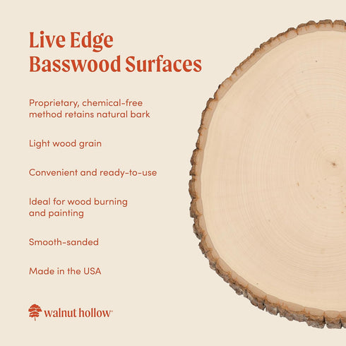 Walnut Hollow Basswood Round, Small 5-7" wide with Live Edge Wood (Pack of 1) - For Wood Burning, Home Décor, and Rustic Weddings...