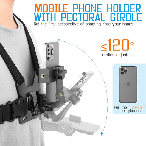 Phone Chest Strap Mount for POV/VLOG Videos, Chest Harness Holder Compatible with iPhone 13 12 11Pro Max Plus,Samsung,GoPro Hero 9, 8, 7, 6,AKASO,...