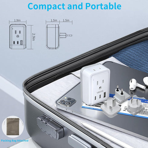 VINTAR European Travel Plug Adapter Kit, UK Power Adapter with 3 USB Ports (2 USB C) & 2 American Outlets, Type C,G,H Swap&Adapt Attachments, Adap...
