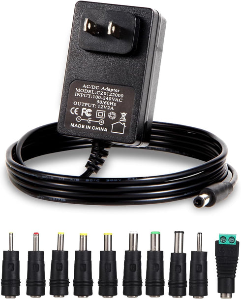12V 2A Power Adapter Charger AC 12V Regulated Power Supply DC in 12 Volts 2000mA Power Cord with 10 Interchangeable DC Plug for 1A 1.1A 1.2A 1.3A ...