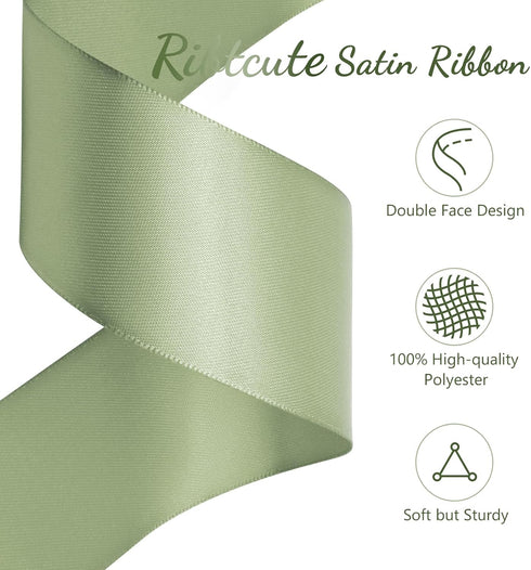 Green Sage Satin Ribbon 1 1/2 Inch x 50 Yards Double Faced Silk Ssatin Ribbon for Gift Wrapping, Flower Bouquet, Wreaths, Cuuting, Wedding, Ceremo...