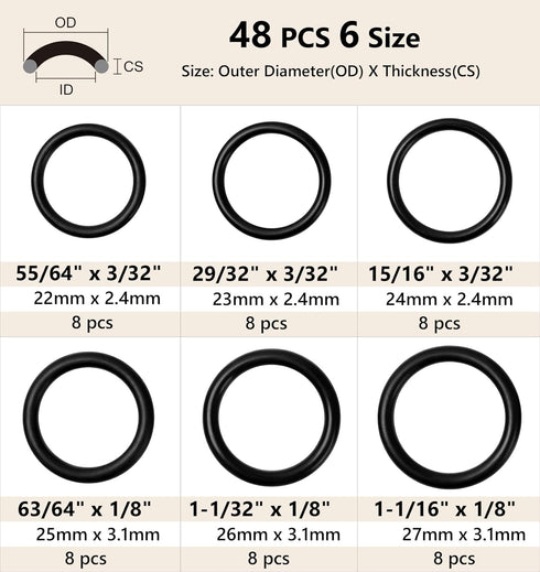O Ring Kit, 48 Pcs Rubber O-Ring Assortment Kit, Plusmart 6 Sizes 55/64" ~ 1-1/16" Washer Gasket Set for Pressure Washer, Plumbing Sealing Repair,...