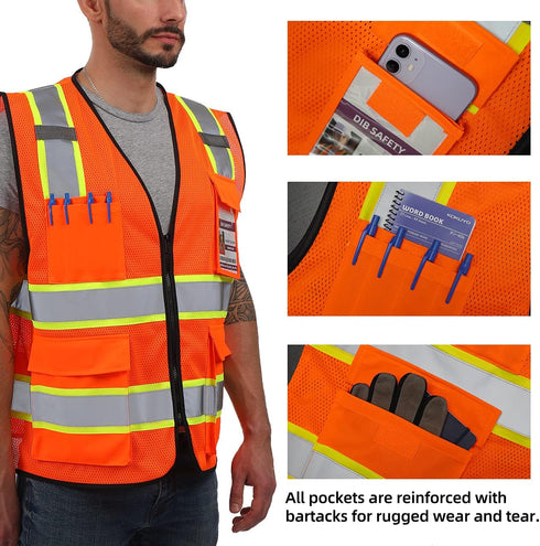 Reflective Mesh Vest High Visibility Two Tone with Pockets and Zipper, ANSI Class 2 Compliant, Orange Mesh with Yellow Trim S...