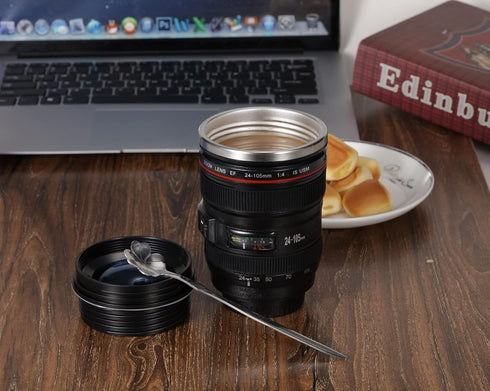 Camera Lens Coffee Mugs,Stainless Steel Lens Cups with Four Leaf Clover Spoon,Novelty Christmas Gifts for Photographers Sweeties Dad Men Women Pho...
