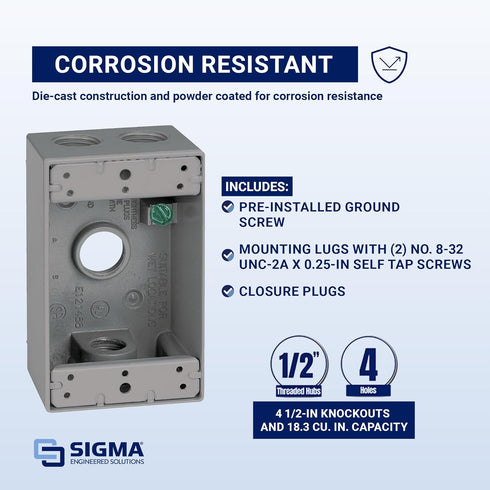 Sigma Electric, Gray Count (Pack of 1) Sigma Engineered Solutions, 14251 1/2-Inch 4 Hole 1-Gang Box...