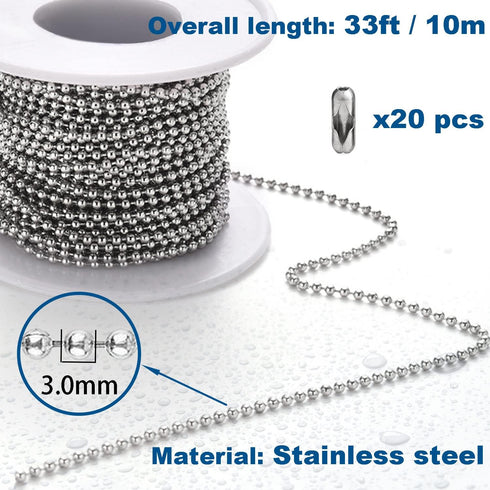 Jishi Steel Ball Chain Bead Dog Tag Chain Beaded Necklace Chains for Jewelry Making Bracelet Military Crafts, Silver Metal Pull Chain Small Ball B...