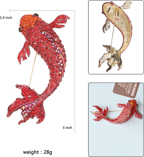 Red Koi Fish Carp Crystal Brooches Cute Enamel Rhinestone Ocean Animal Lapel Brooch Pins Fashion Jewelry for Womens Girls Gift...