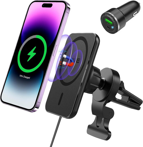 Magnetic Wireless Car Charger, Design for MagSafe Car Mount Charger, Strong Magnetic 15W Fast Charging Car Charger Phone Holder with USB Car Charg...