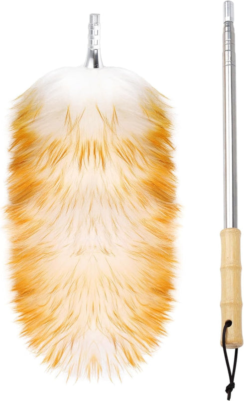 Natural Feathers Duster,Lambswool Duster with Solid Wooden Long Handle and Stainless Steel Extension Pole Up to 87.8" for Cleaning High Ceiling Fa...