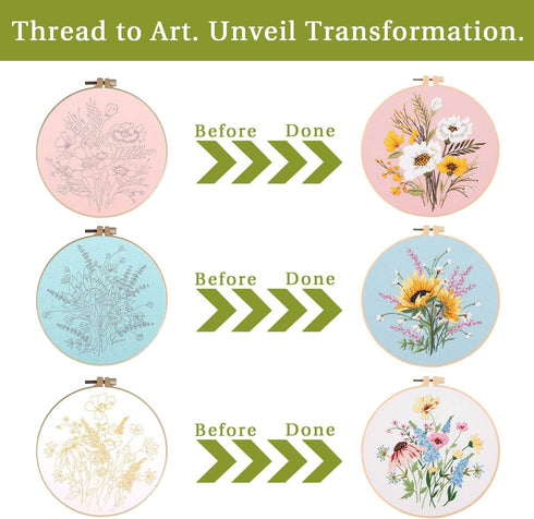 EOBTAIN 3 Pack Flower Embroidery Kit Hand Embroidery Stitch Practice Kits for Beginners Adults Cross Stitch Kits with Embroidery Hoop,Needles and ...