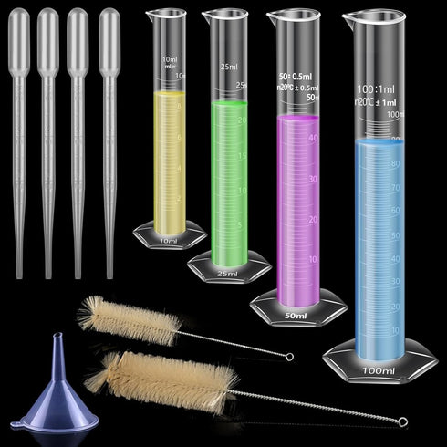 4PCS Plastic Graduated Cylinders, 10ml 25ml 50ml 100ml Measuring Cylinders Set with 4PCS Pipettes,1PCS Plastic Funnel and 2PCS Brush,for School an...