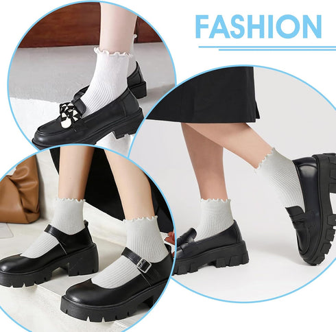 3 Pairs White Ruffle Socks Women Cute Casual White Ruffle Turn-Cuff Casual Ankle Socks Breathable Cylindrical Cotton Crew Socks Fashionable Seamle...