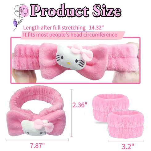 Skincare Headband Spa Headband and Wristband Set for Washing Face Kawaii Kitty Pink Cute Bubble Makeup Headband Kit for Women Knotted Bow Kawaii S...