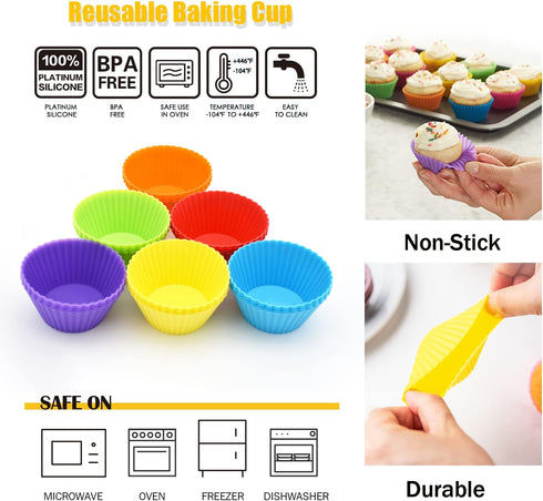 Silicone Cupcake Baking Cups 24 Pack, Reusable & Non-stick Muffin Cupcake Liners Holders Set for Party Halloween Christmas, Easy Clean Pastry Muff...