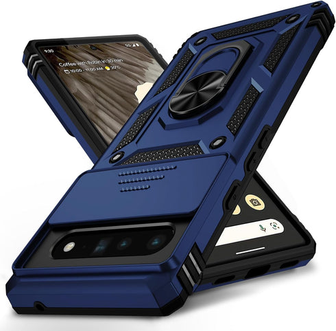 for Google Pixel 6 Pro Case with Slide Lens Cover, Military Grade Drop Protection, Magnetic Rotated Ring Holder Kickstand Protective Phone Case (N...